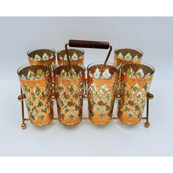Culver Valencia Highball Glasses Tumblers Set/7 Floating Caddy Hollywood Regency - Picture 2 of 9